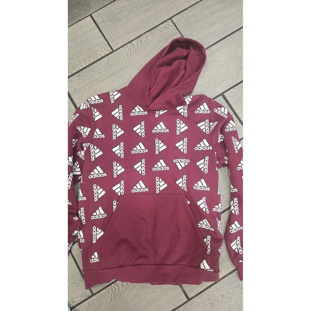 Adidas Mens All Over Print Logo Hoodie Maroon White Fleece Pullover Large